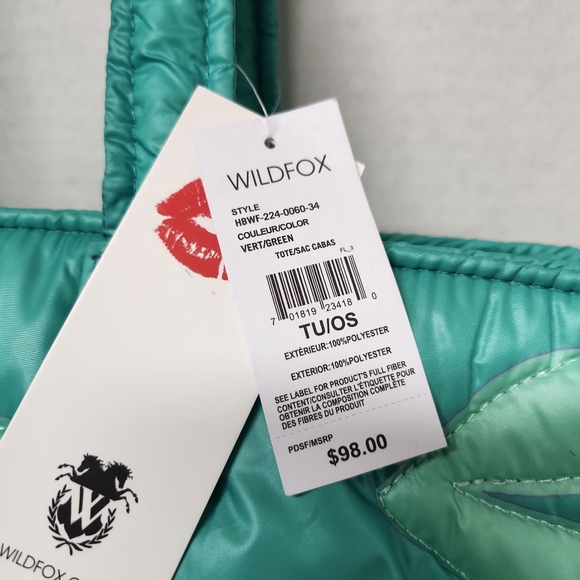 WILDFOX Lips Quilted Green Puffy Tote New - Picture 5 of 13